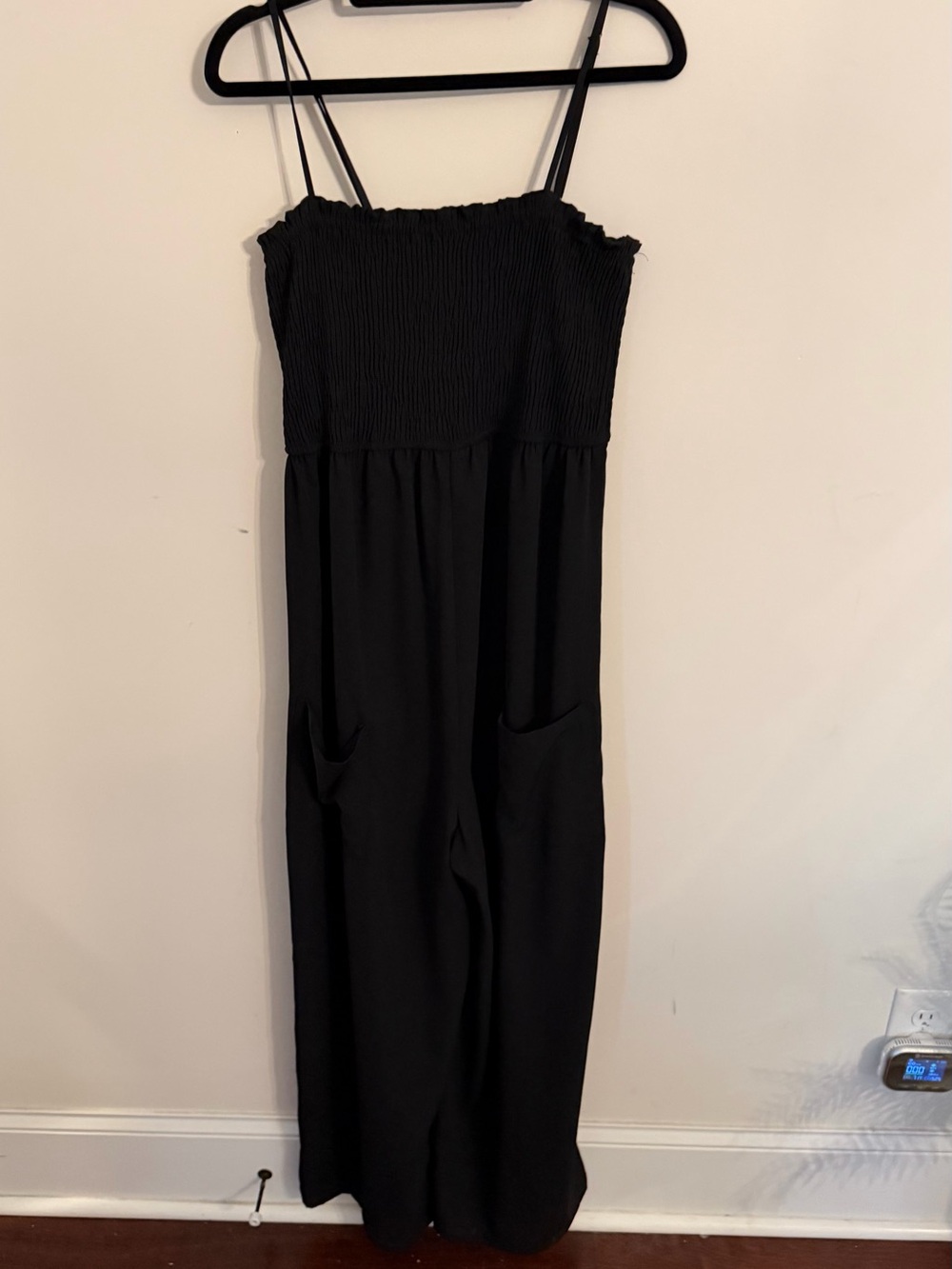 Black Smocked Strap Jumpsuit Dress - Women